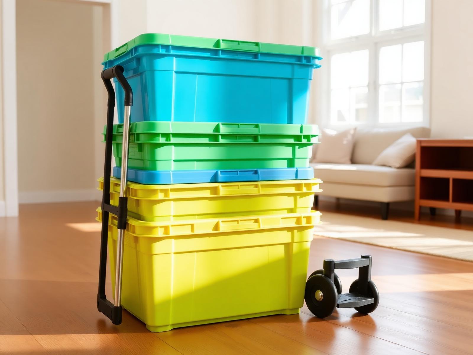 Stack of reusable green and blue moving totes